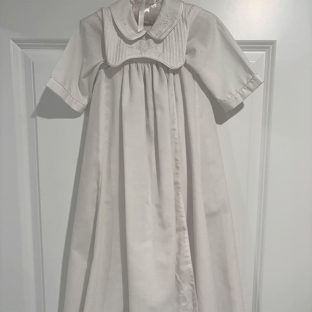 Will Beth boys Baptism romper with removable gown, bonnet, baby mittens, 6mos
